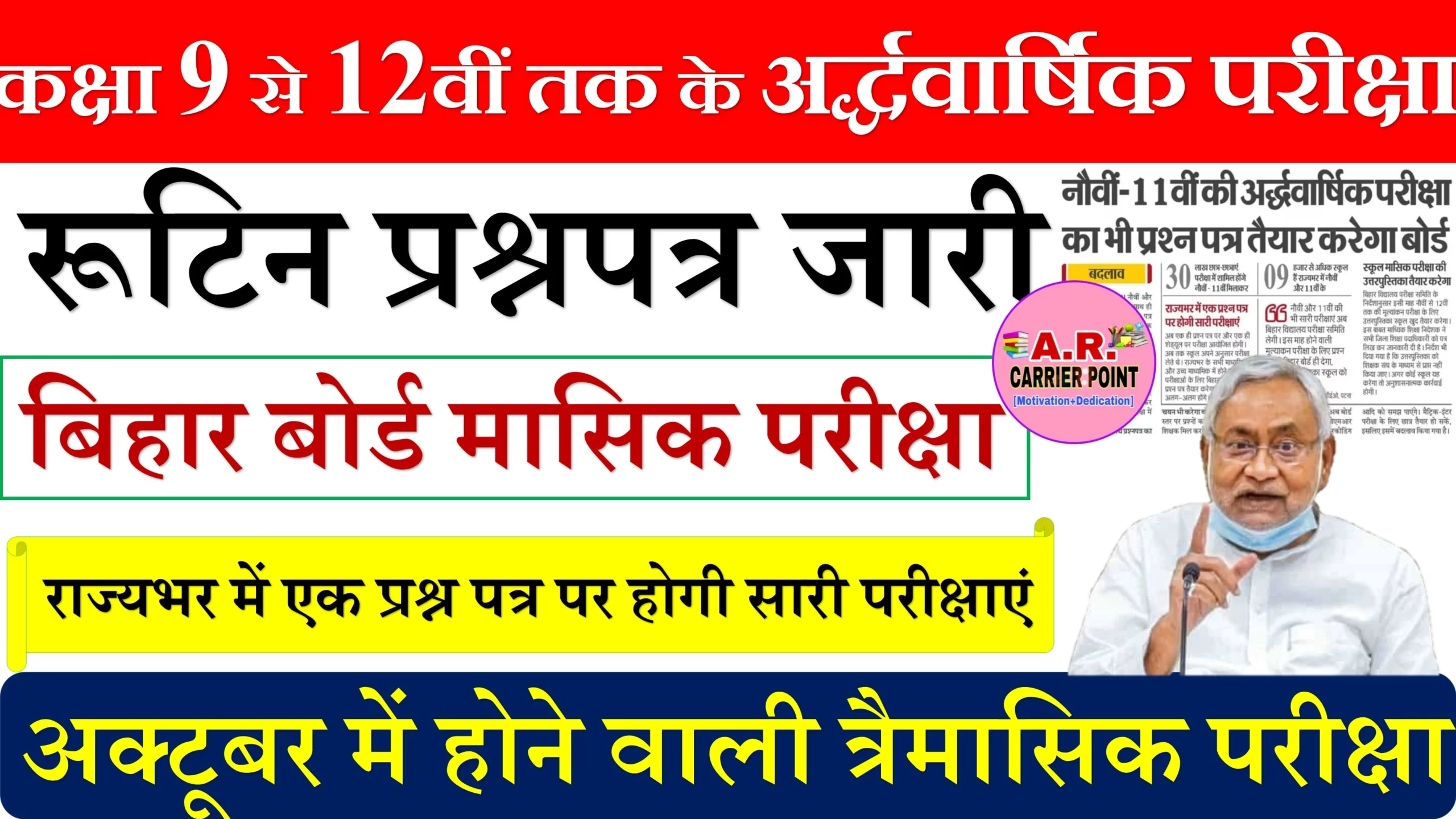 कक्षा 9 से 12वीं तक के अर्द्धवार्षिक परीक्षा 2023 का रूटिन प्रश्नपत्र जारी
