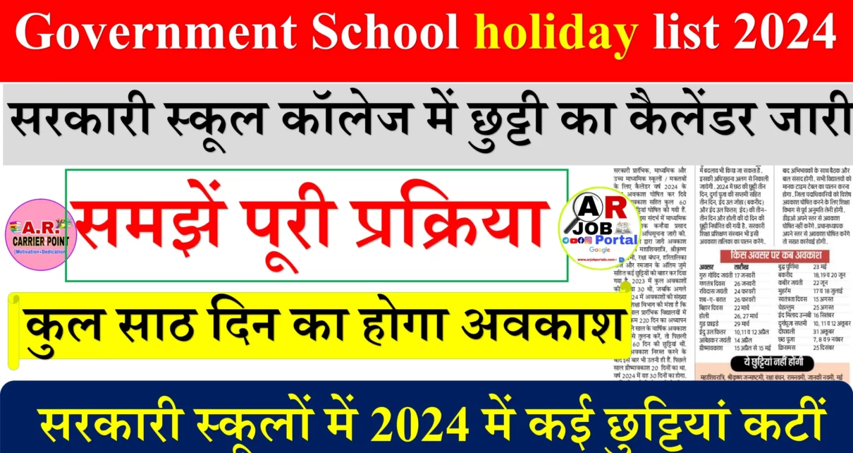 सरकारी स्कूल कॉलेज में छुट्टी का कैलेंडर जारी- Government School holiday list 2024