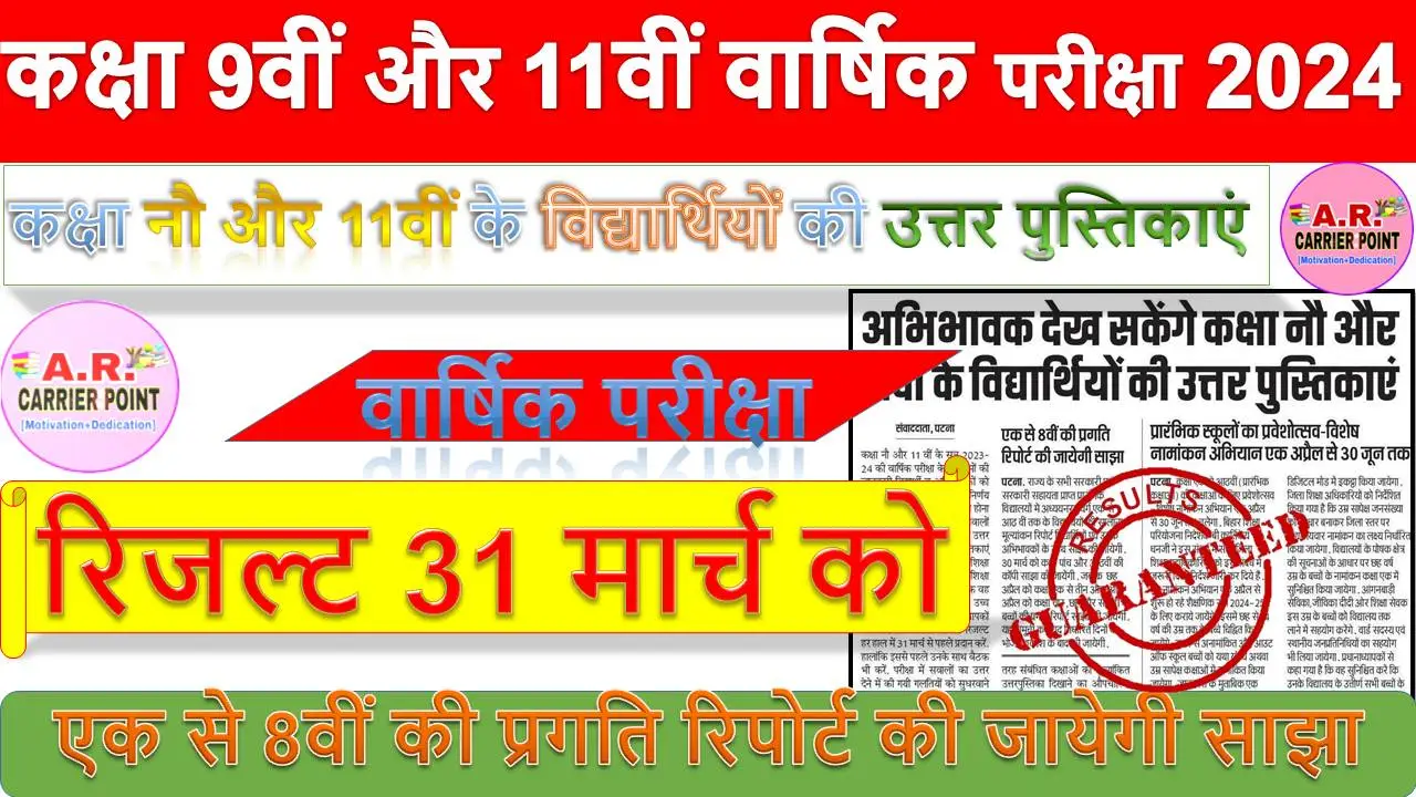 कक्षा 9वीं और 11वीं वार्षिक परीक्षा 2024 का रिजल्ट 31 मार्च को