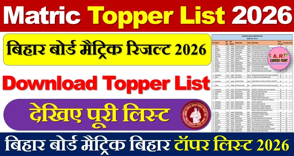 बिहार बोर्ड मैट्रिक बिहार टॉपर लिस्ट 2026