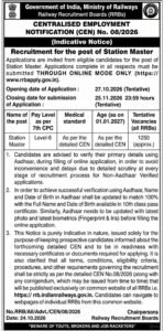 Railway RRB Station Master Recruitment 2026 | स्टेशन मास्टर के पद पर बम्पर बहाली