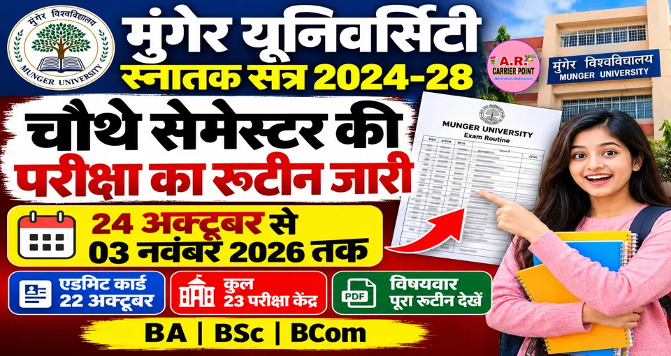 मुंगेर यूनिवर्सिटी स्नातक सत्र 2024-28 के चौथे सेमेस्टर का परीक्षा का रूटिन जारी